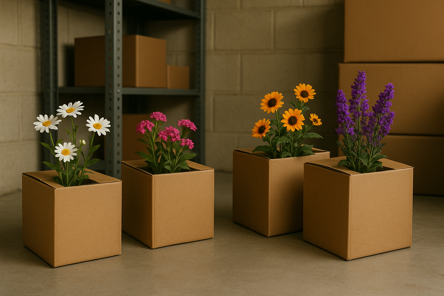 cardboard boxes filled with flowers