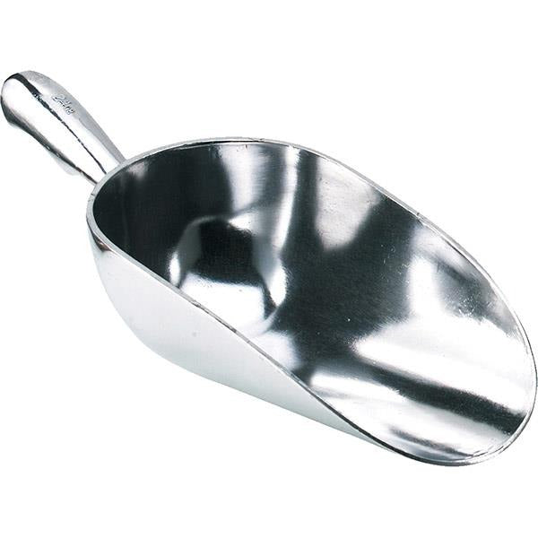 12oz aluminium flour scoop with curved handle and wide bowl for scooping dry ingredients

