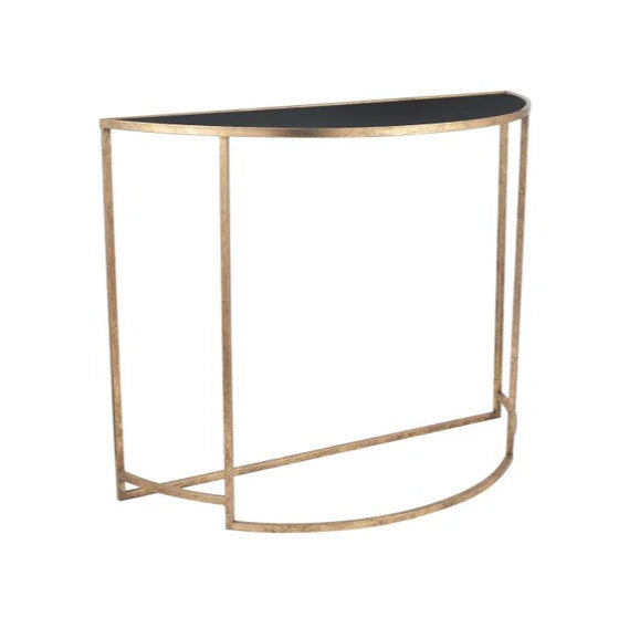 Veneziano Antique Gold Metal and Black Glass Half Moon Console Table