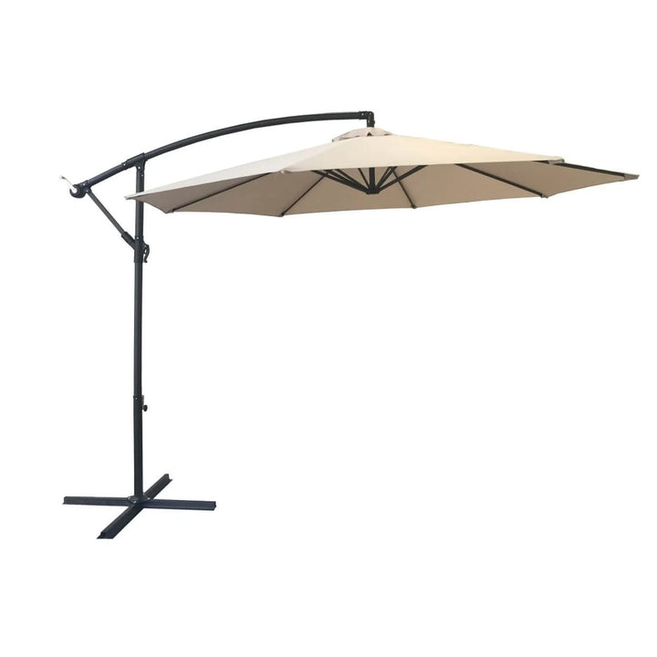 Beige patio umbrella with black stand on a white background