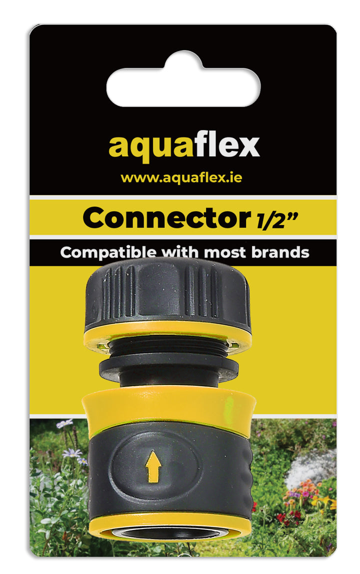 Close-up of Aquaflex 1/2" Hose Connector with a secure, water-tight fitting for garden hoses.

