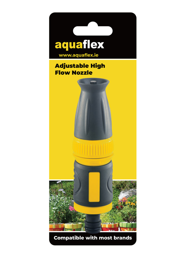 Aquaflex Adjustable High Flow Nozzle 1/2" attached to a garden hose, featuring ergonomic grip and adjustable spray settings.

