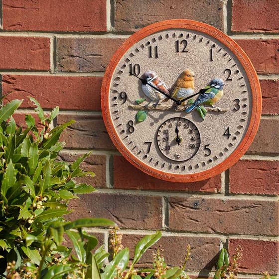 12 Inch Bird Wood Wall Clock & Thermometer