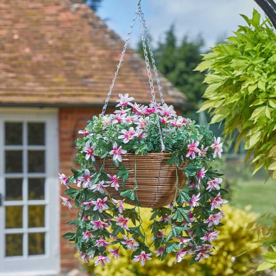 30cm Artificial Hanging Basket - Star Gazing Lilies