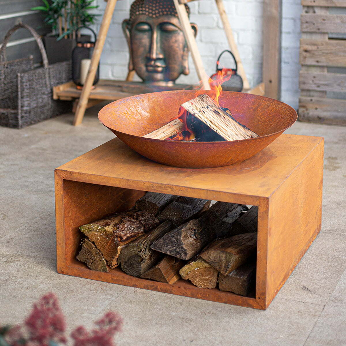 La Hacienda Moho Steel Firepit with Log Storage