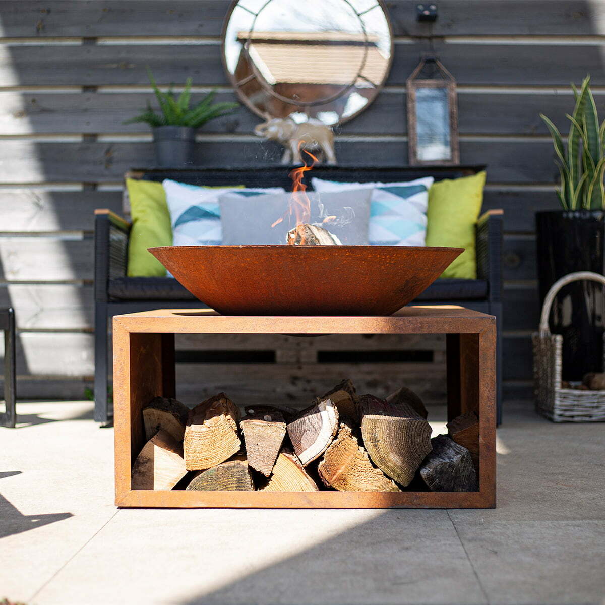 La Hacienda Moho Steel Firepit with Log Storage