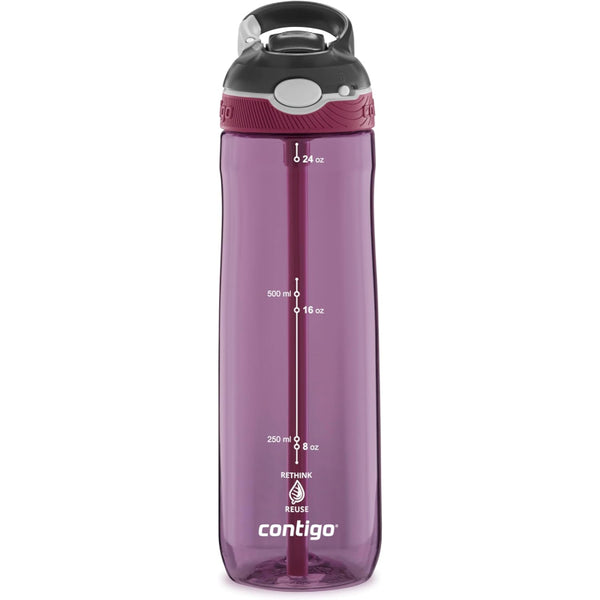 Contigo Ashland water bottle in Passionfruit, 720ml capacity, with AUTOSPOUT lid, clip handle, and volume markers.

