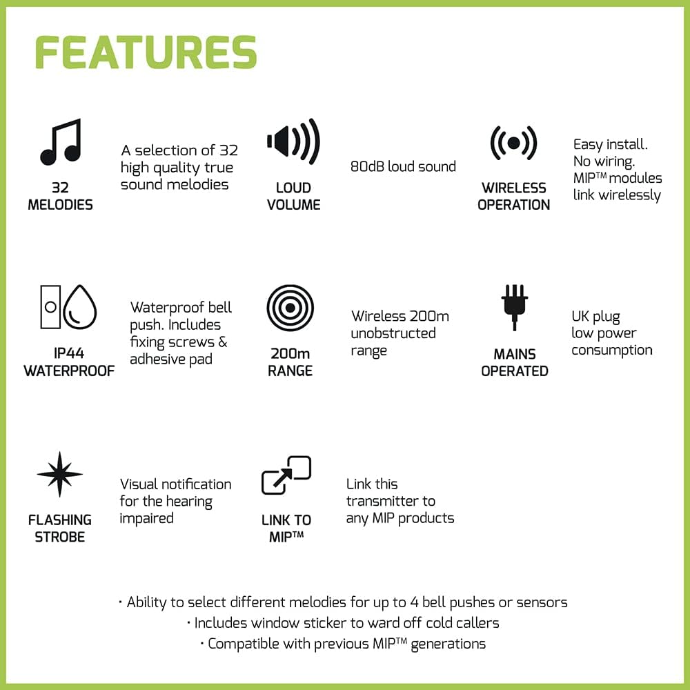 Wireless Doorbell Kit MIP3 - 32 Melody