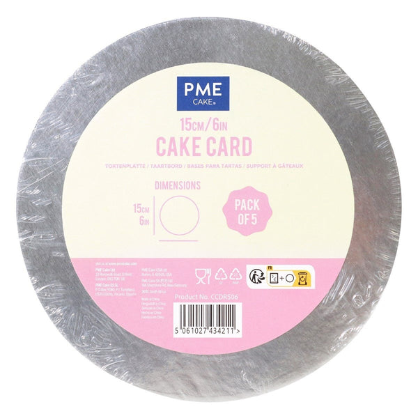 Pack of 5 Round Cake Cards, Silver (6" / 15cm)
