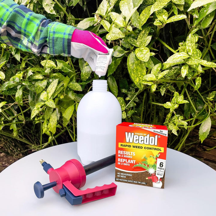 Front packaging of Weedol Rapid Weed Control 12 Tubes, highlighting fast results in 3 hours and replanting in 3 days with recycling symbols.
