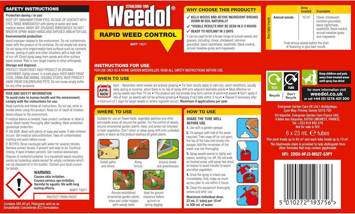 Back-of-pack label for Weedol Rapid Weed Control showing safety instructions, usage directions, benefits, and environmental information.