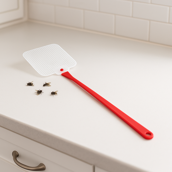 Aeroxon Fly Swatter beside dead flies on a countertop