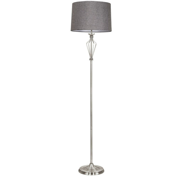SATIN NICKEL FLOOR LAMP WITH GREY TEXTURED SHADE