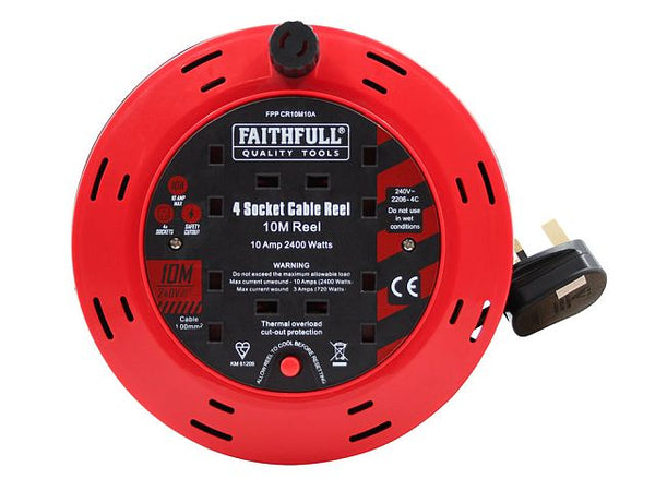 Faithfull 10m Cable Reel 10A, 4 Sockets
