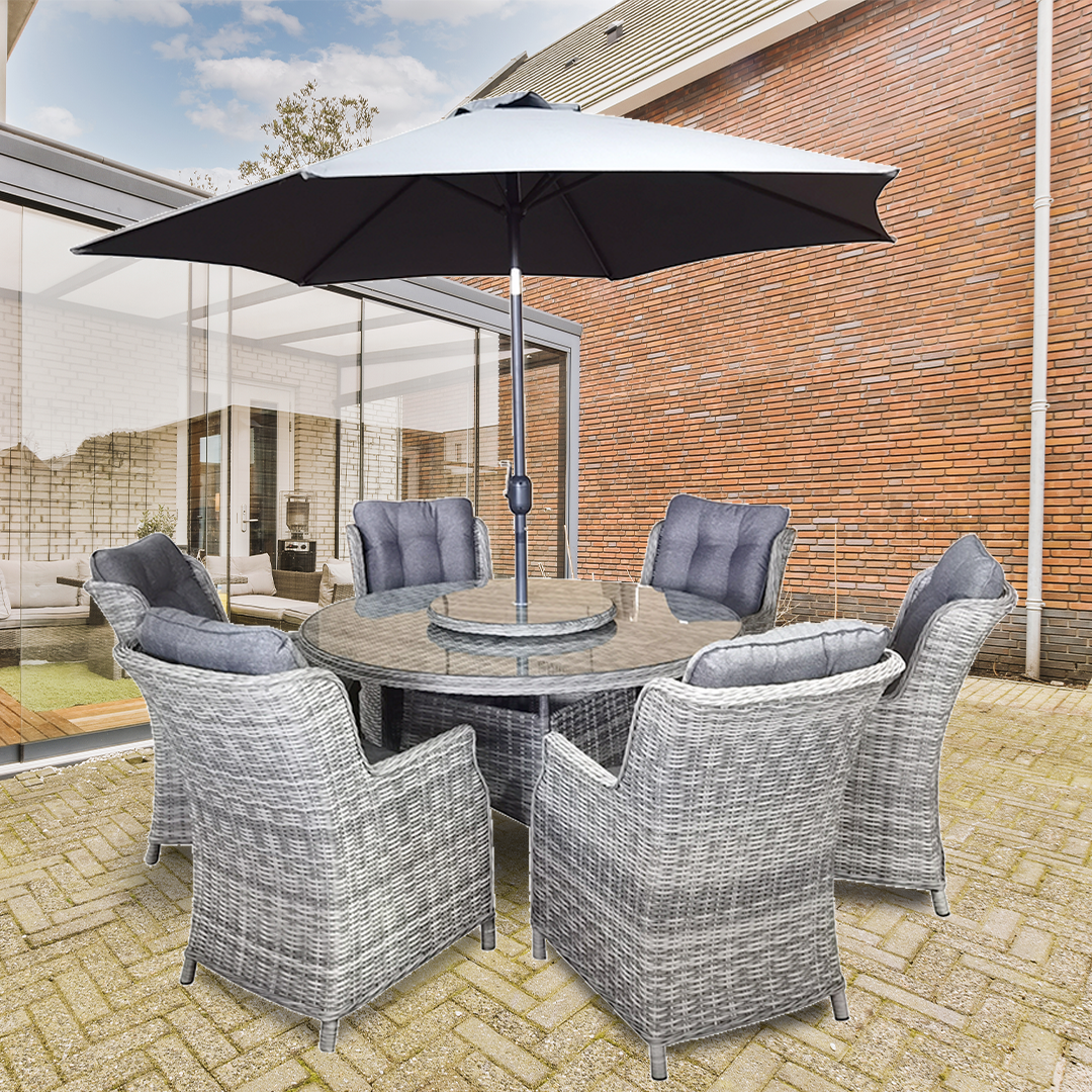 Wimbledon 6 Seater Rattan Garden Furniture Set with cushions and parasol