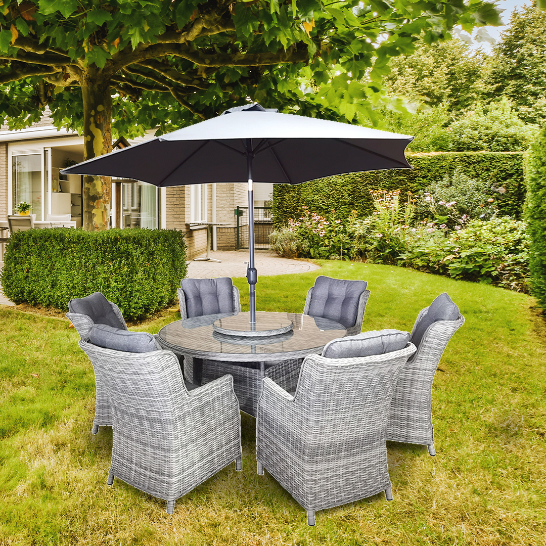 Wimbledon 6 Seater Rattan Garden Furniture Set with cushions and parasol