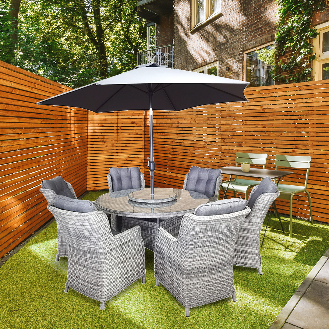 Wimbledon 6 Seater Rattan Garden Furniture Set with cushions and parasol