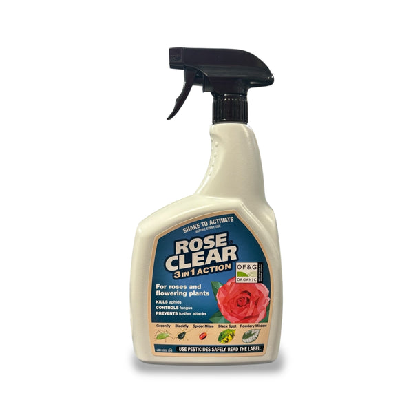800ml bottle of RoseClear Organic 3 in 1 Insect Spray for roses and ornamental plants, ready-to-use with a trigger spray front