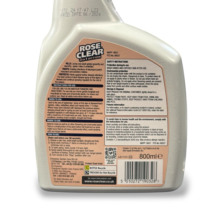 800ml bottle of RoseClear Organic 3 in 1 Insect Spray for roses and ornamental plants, ready-to-use with a trigger spray back label