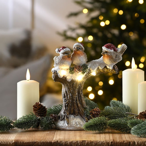 Tree stump with 3 robins - 19cm B/O lit