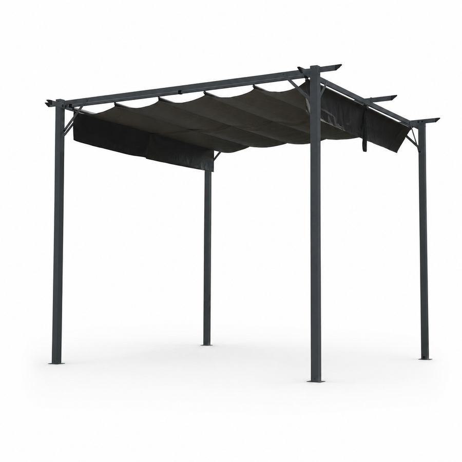 Black pergola with fabric cover on a white background
