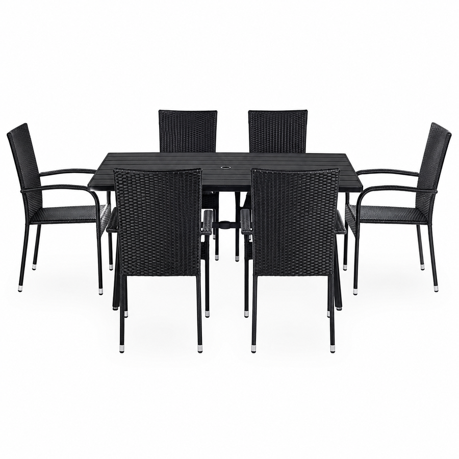Black 7-piece outdoor dining set featuring a rectangular wicker table and six matching armchairs with a woven rattan texture, shown on a solid white background.