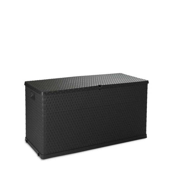 A rectangular black wicker-style storage chest with a hinged lid, shown at a three-quarter angle on a plain white background.
