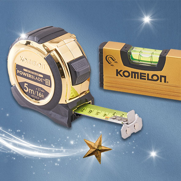 Komelon 5m Gold PowerBlade II Tape with Gold Mini Level