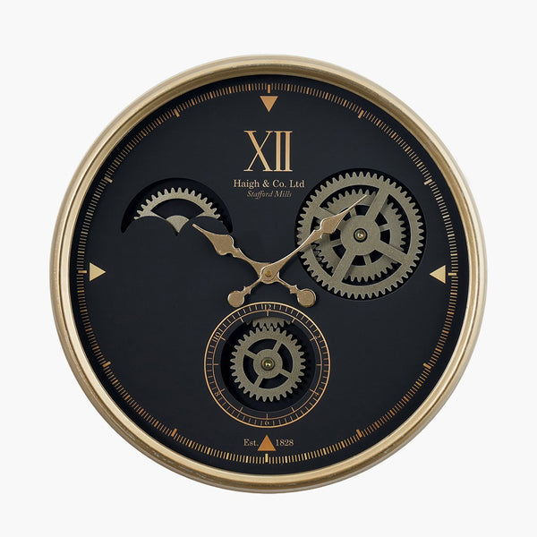 Black and Champagne Gold Wood Working Cog Wall Clock
