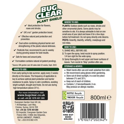 Bug Clear Plant Shield Spray Pesticide Free Bug Killer Blackfly Whitefly 800ml