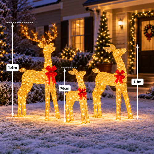 Set of 3 Lit Gold Glitter Reindeer Family – 210 Warm White LEDs