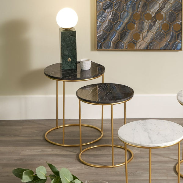 Milly S/2 Black Marble and Gold Metal Side Tables