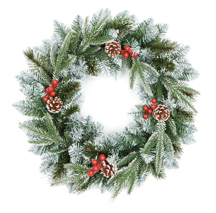 Christmas wreath with pine cones and red berries on a white background