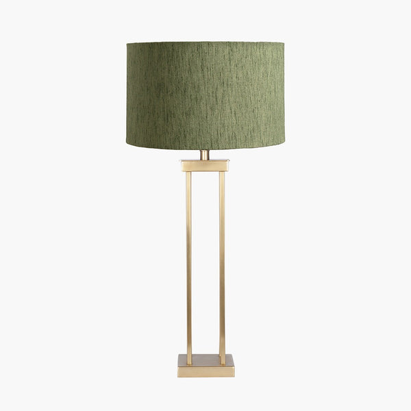 Langston Satin Brass Metal Column Table Lamp Base with Stellan 40cm Green Slubbed Silk Mix Gold Lined Cylinder Lampshade