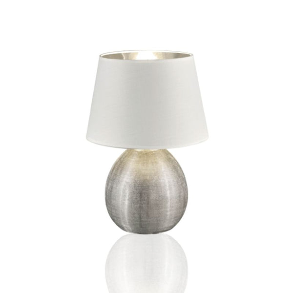 LUXOR Silver Table Lamp – White & Silver Shade, Ceramic Base