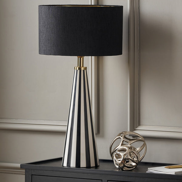 Alejo Black and White Stripe Conical Resin Table Lamp Base with Harry 35cm Black Cotton Mix Cylinder Lampshade