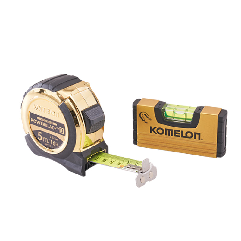 Komelon 5m Gold PowerBlade II Tape with Gold Mini Level