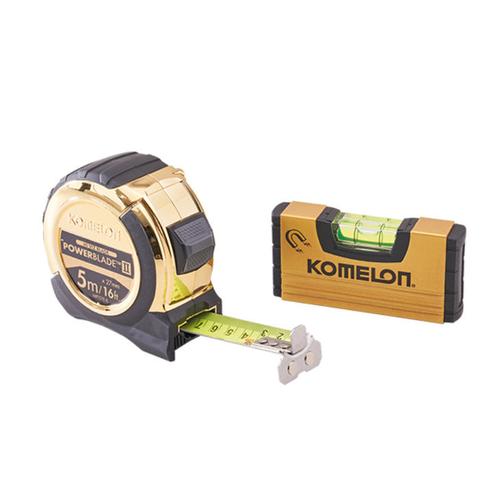 Komelon 5m Gold PowerBlade II Tape with Gold Mini Level