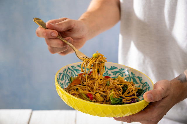 MK YELLOW AND BLUE GEOMETRIC BOWL 21CM