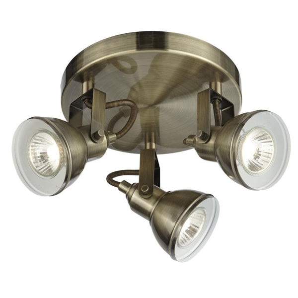 FOCUS 3 LIGHT ANTIQUE BRASS CEILING SPOTLIGHT WITH ROUND PLATE