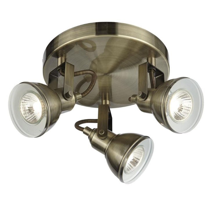 FOCUS 3 LIGHT ANTIQUE BRASS CEILING SPOTLIGHT WITH ROUND PLATE