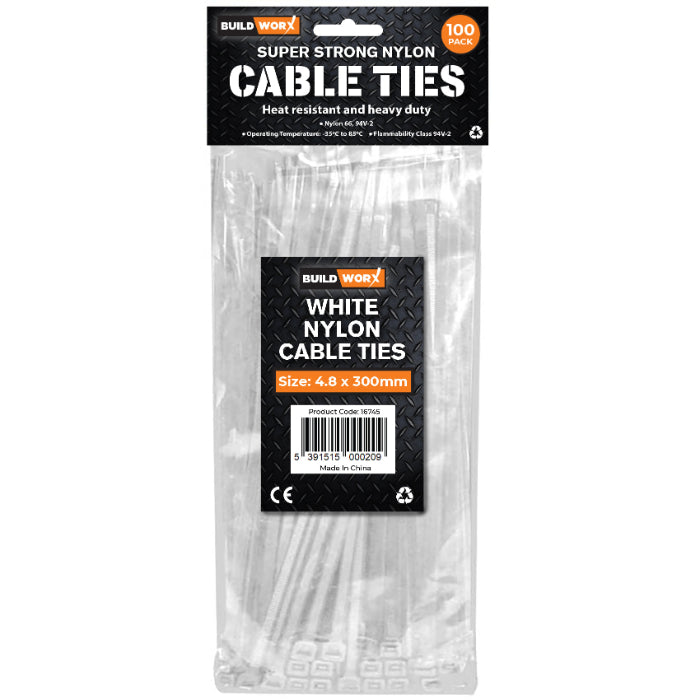 Buildworx Cable Ties  4.8 x 300 White (Pack of 100)