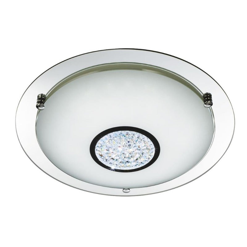 CHROME 36 LED FLUSH LIGHT WITH WHITE GLASS SHADE & CRYSTAL INNER DECORATION