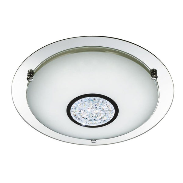 CHROME 36 LED FLUSH LIGHT WITH WHITE GLASS SHADE & CRYSTAL INNER DECORATION