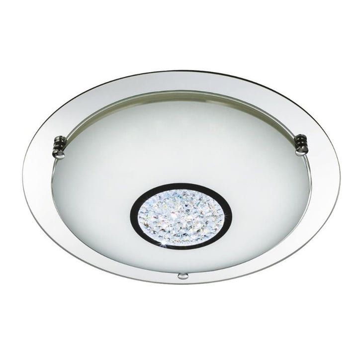 CHROME 36 LED FLUSH LIGHT WITH WHITE GLASS SHADE & CRYSTAL INNER DECORATION
