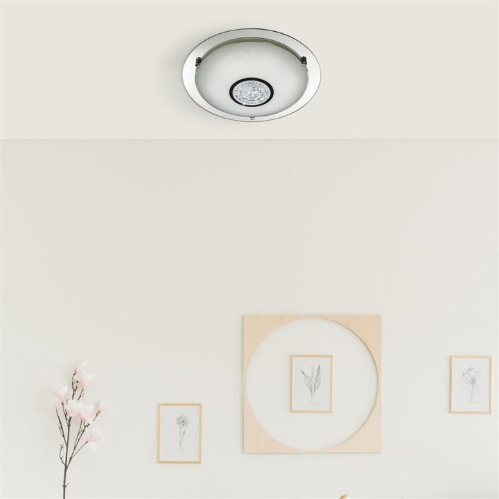 CHROME 36 LED FLUSH LIGHT WITH WHITE GLASS SHADE & CRYSTAL INNER DECORATION