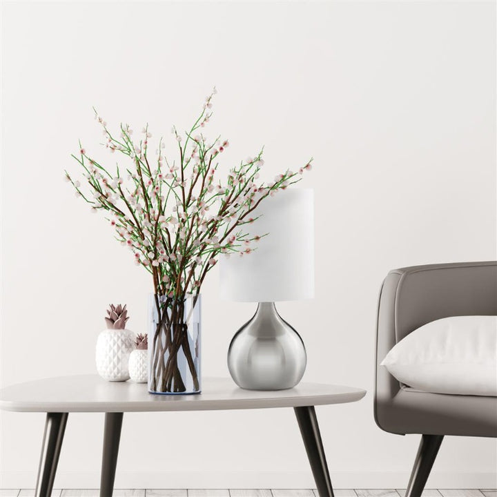 SATIN SILVER TOUCH TABLE LAMP WITH WHITE FABRIC SHADE