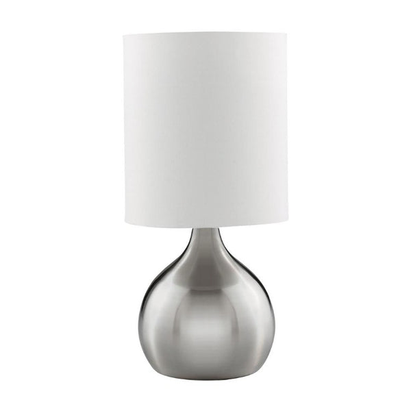 SATIN SILVER TOUCH TABLE LAMP WITH WHITE FABRIC SHADE