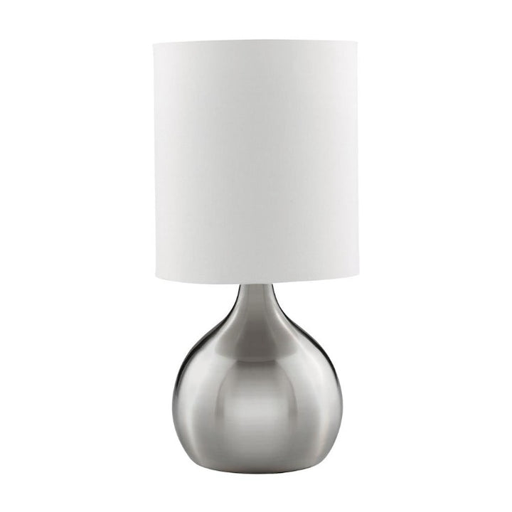 SATIN SILVER TOUCH TABLE LAMP WITH WHITE FABRIC SHADE