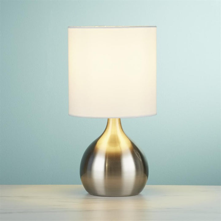 SATIN SILVER TOUCH TABLE LAMP WITH WHITE FABRIC SHADE